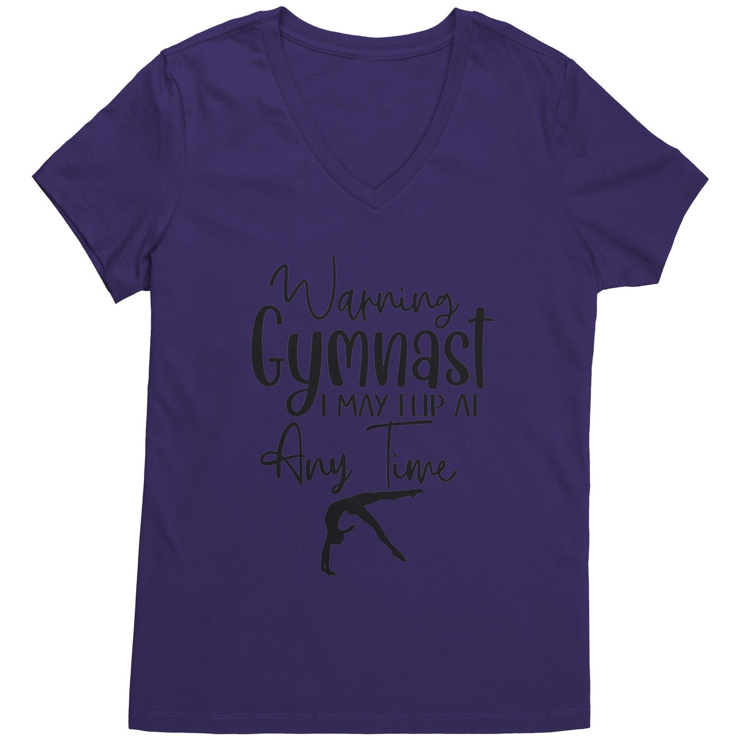 Purple colored Warning Gymnast May Flip at Any Time Women's T-shirt. This t-shirt says Warning Gymnast, I may Flip at Any Time in black front and features a gymnast doing a back handspring.