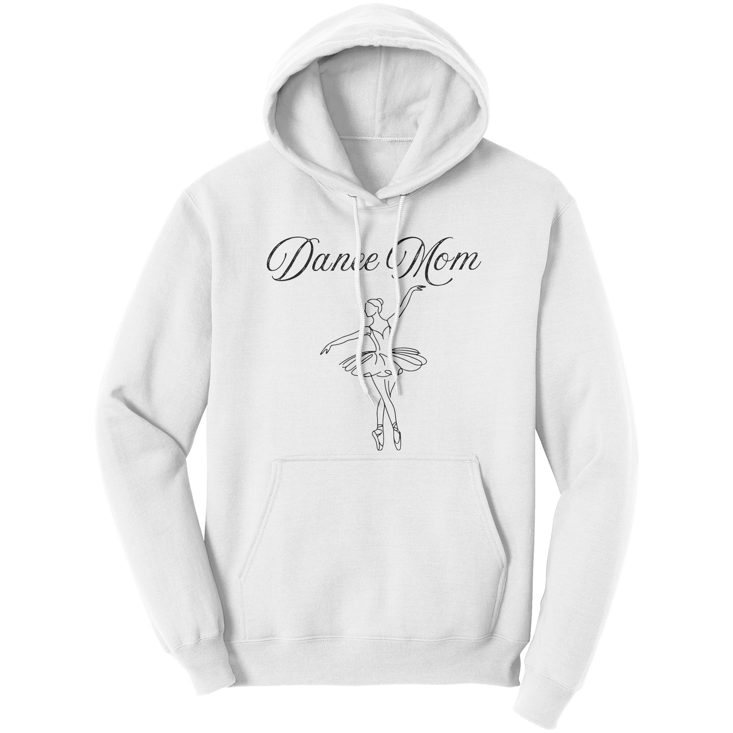 White Women's Dance Mom Ballerina Design Hoodie. This hoodie says dance mom in a beautiful black script font and features a lovely ballerina drawing on the front.