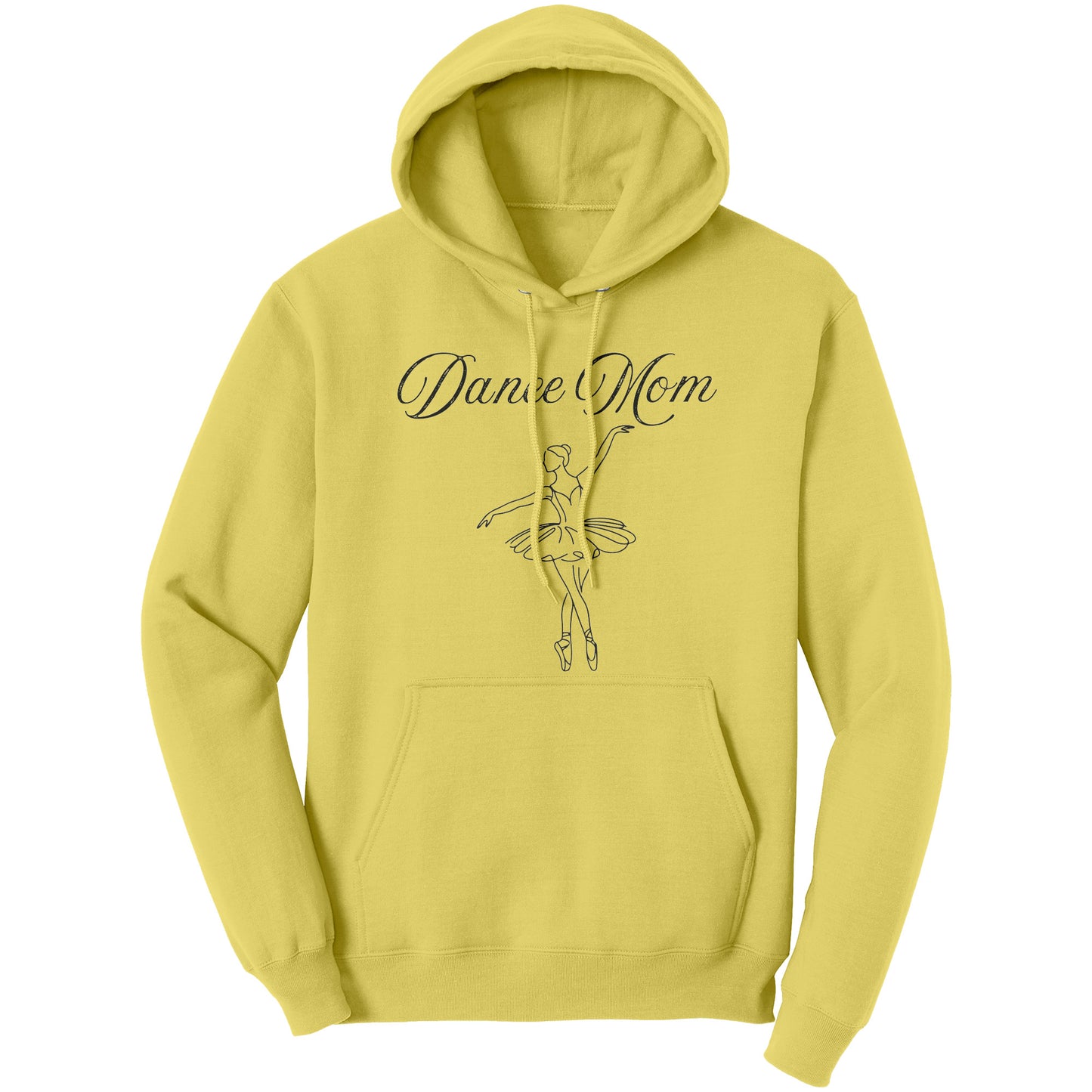 Yellow Women's Dance Mom Ballerina Design Hoodie. This hoodie says dance mom in a beautiful black script font and features a lovely ballerina drawing on the front.