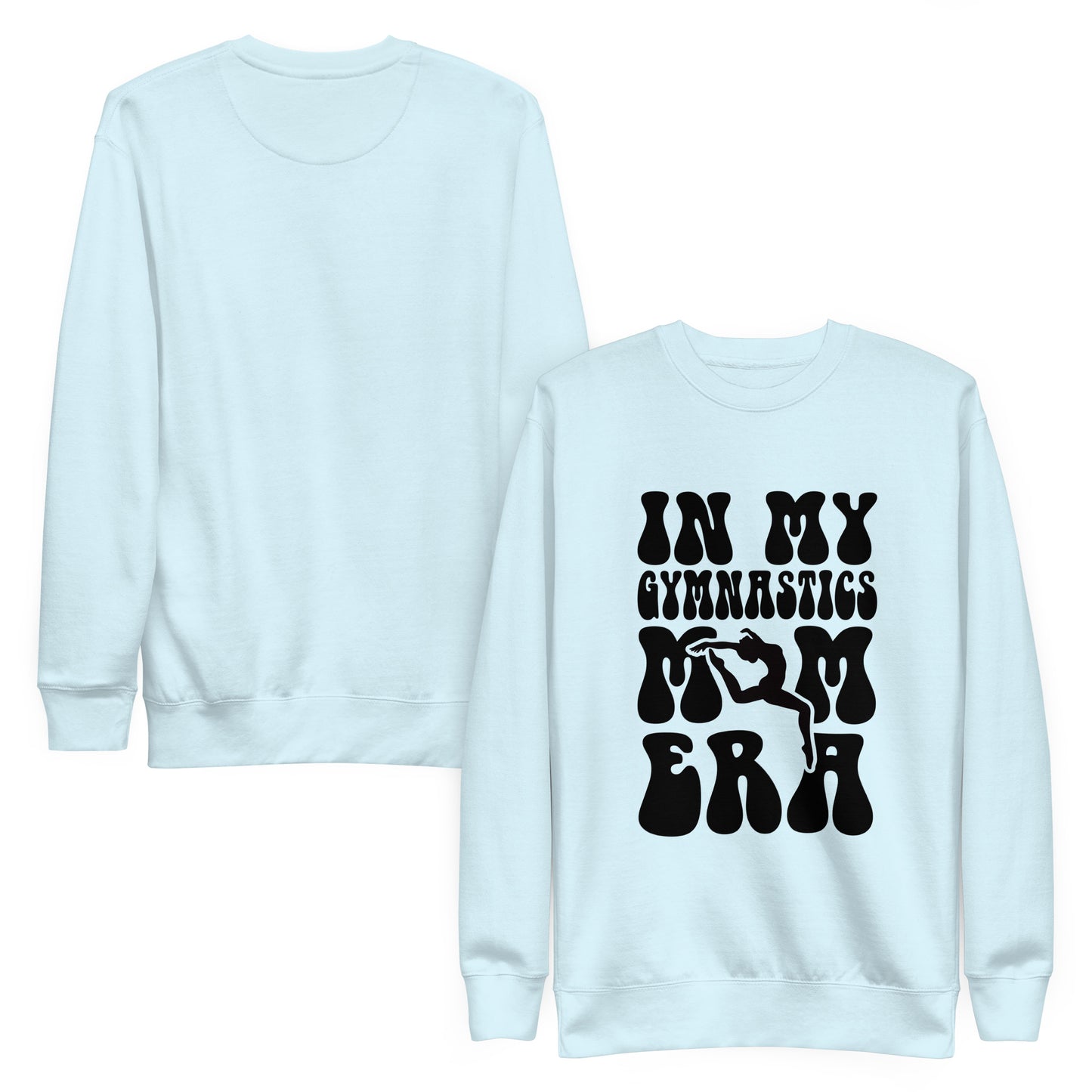 Light blue hoodie with “In my gymnastics” graphic text and stylized hands