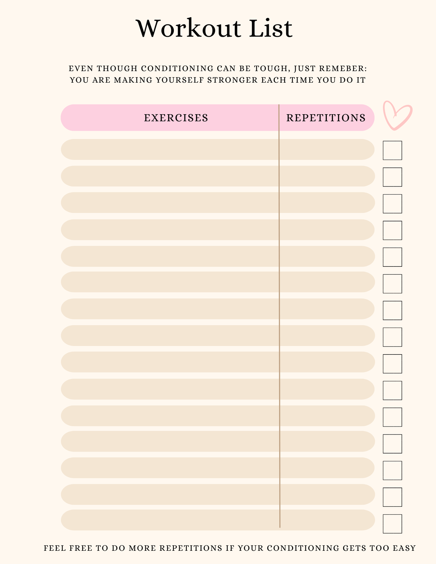 Workout checklist printable