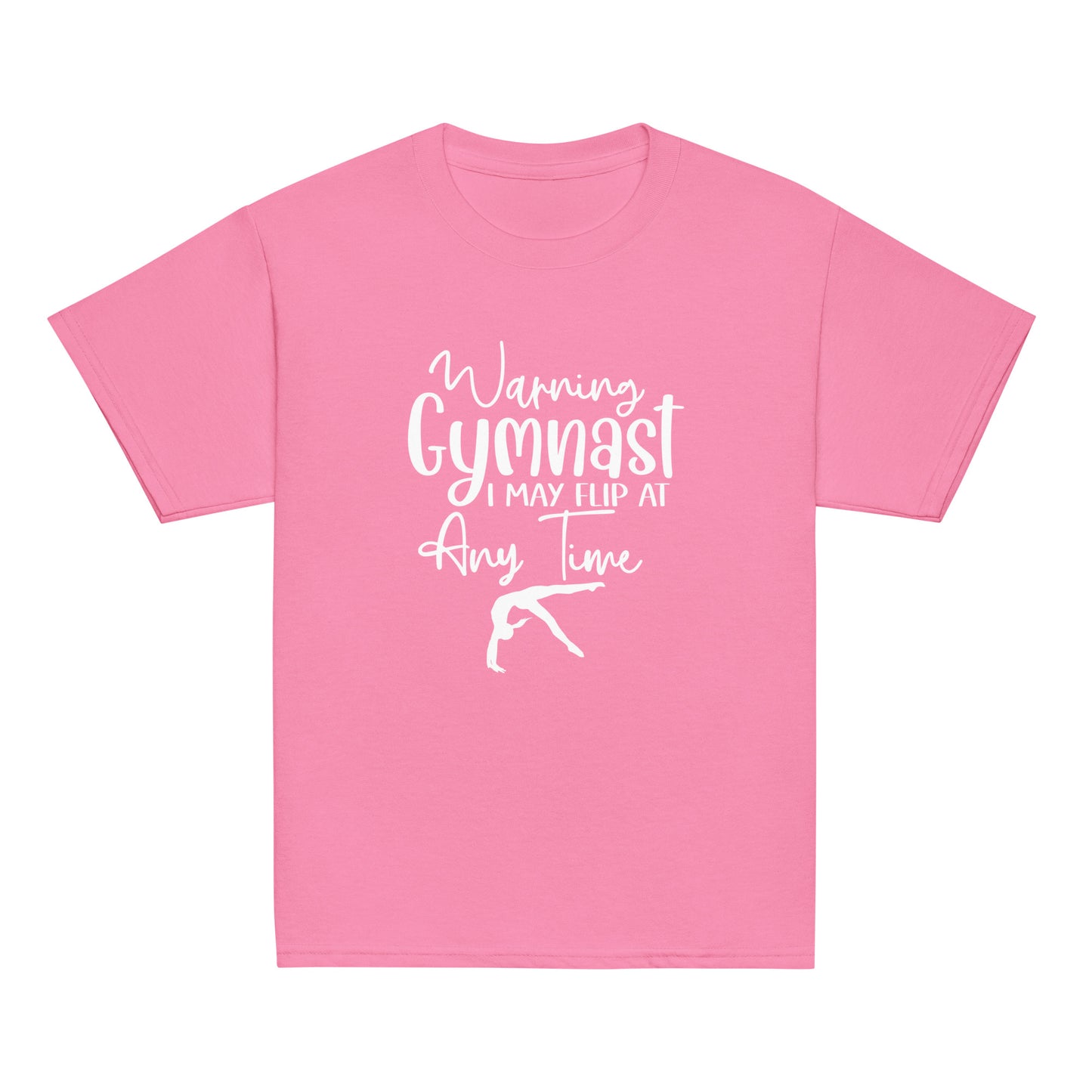 Kids gymnastics t-shirt in pink with white 'Warning Gymnast...' and flip silhouette