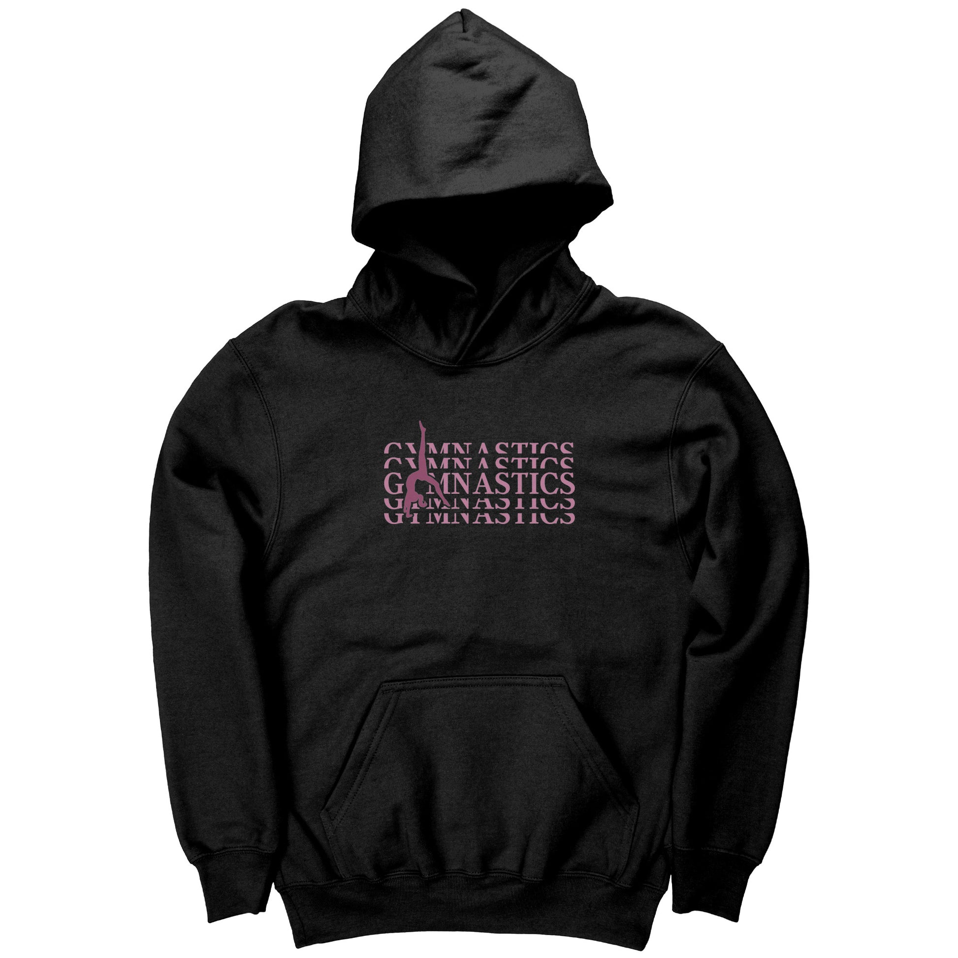 Black Back Walkover Children's Gymnastics Hoodie. Has a pink design that says Gymnastics with a female gymnast doing a back walkover on the front.