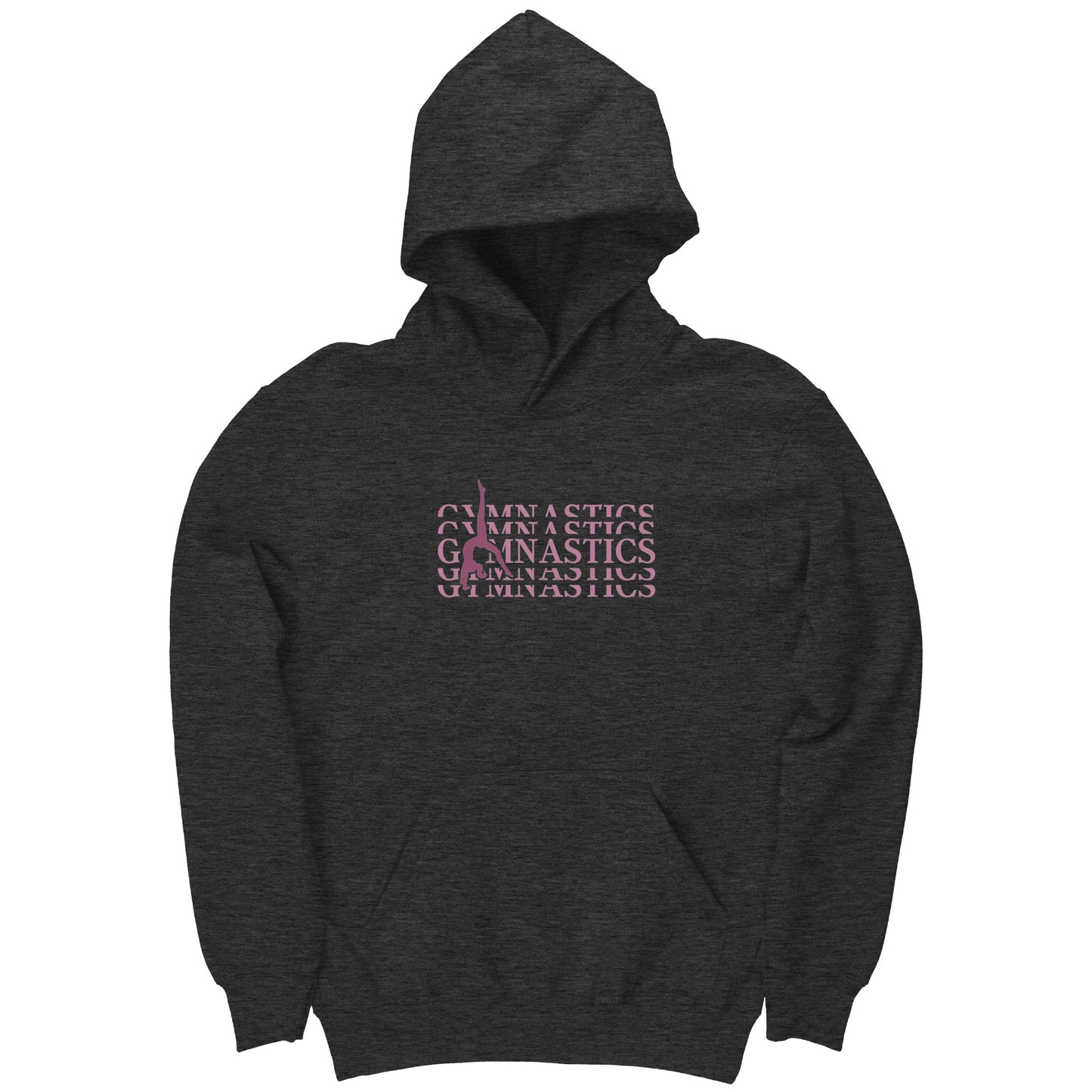 Charcoal Back Walkover Children's Gymnastics Hoodie. Has a pink design that says Gymnastics with a female gymnast doing a back walkover on the front.