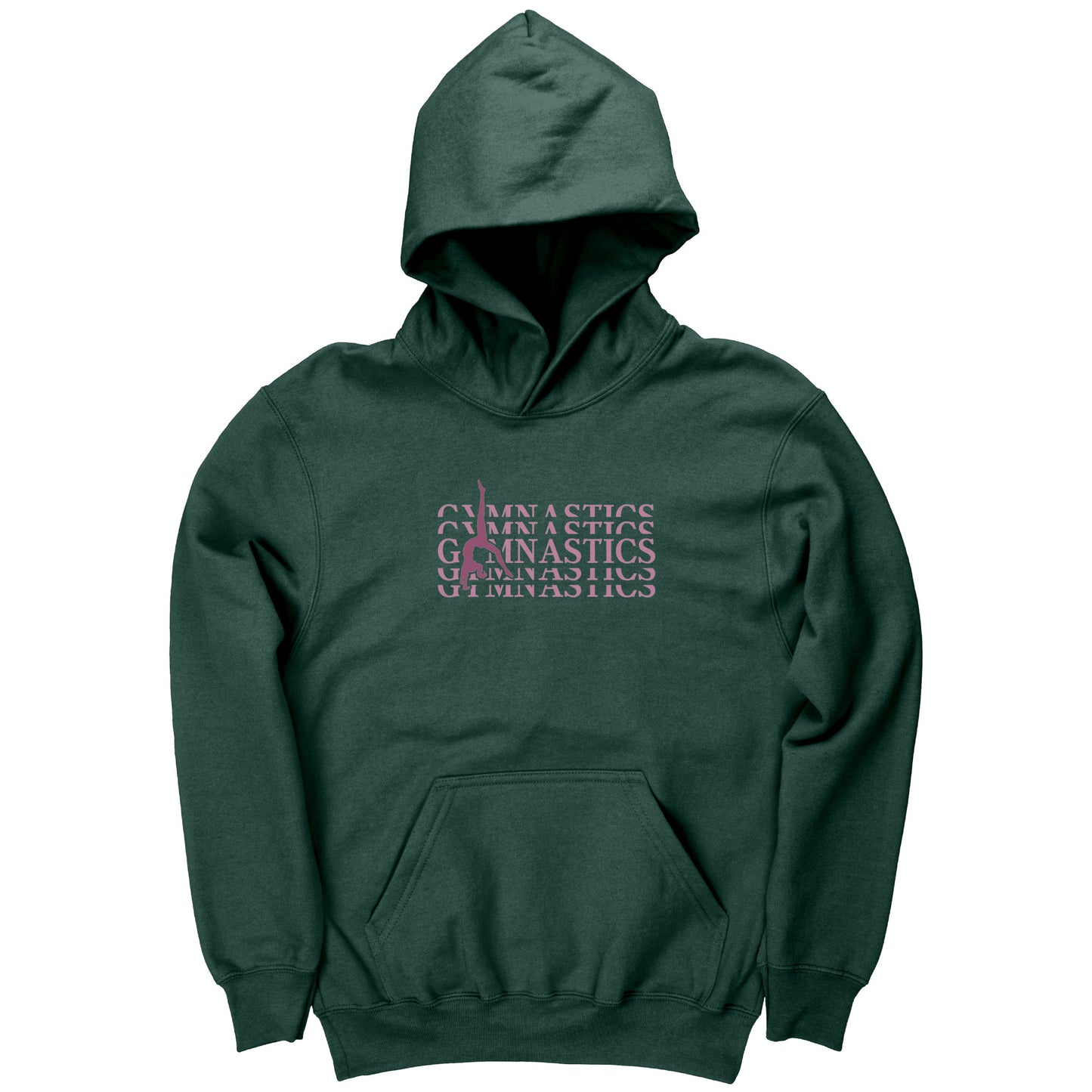 Forest Green Back Walkover Children's Gymnastics Hoodie. Has a pink design that says Gymnastics with a female gymnast doing a back walkover on the front.