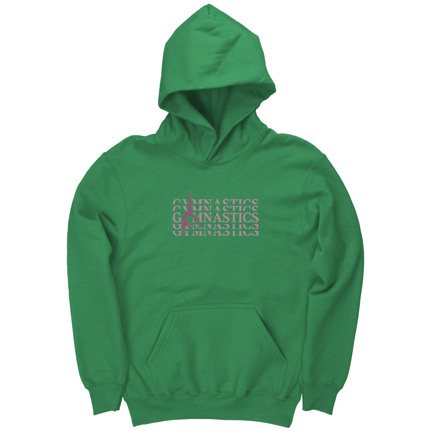 Irish Green Back Walkover Children's Gymnastics Hoodie. Has a pink design that says Gymnastics with a female gymnast doing a back walkover on the front.