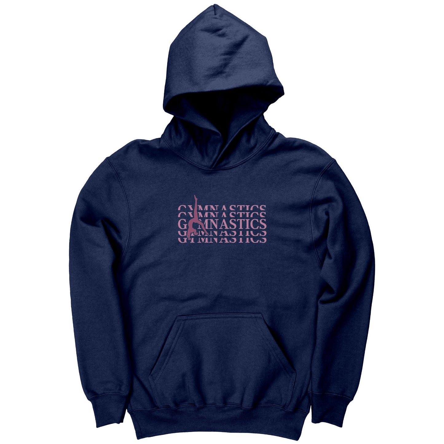 Navy Back Walkover Children's Gymnastics Hoodie. Has a pink design that says Gymnastics with a female gymnast doing a back walkover on the front.