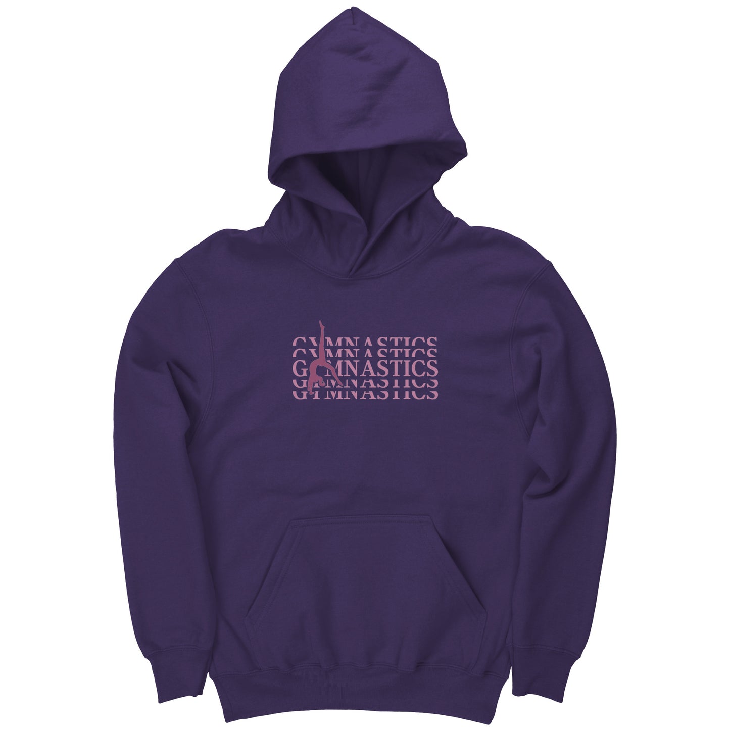 Purple Back Walkover Children's Gymnastics Hoodie. Has a pink design that says Gymnastics with a female gymnast doing a back walkover on the front.