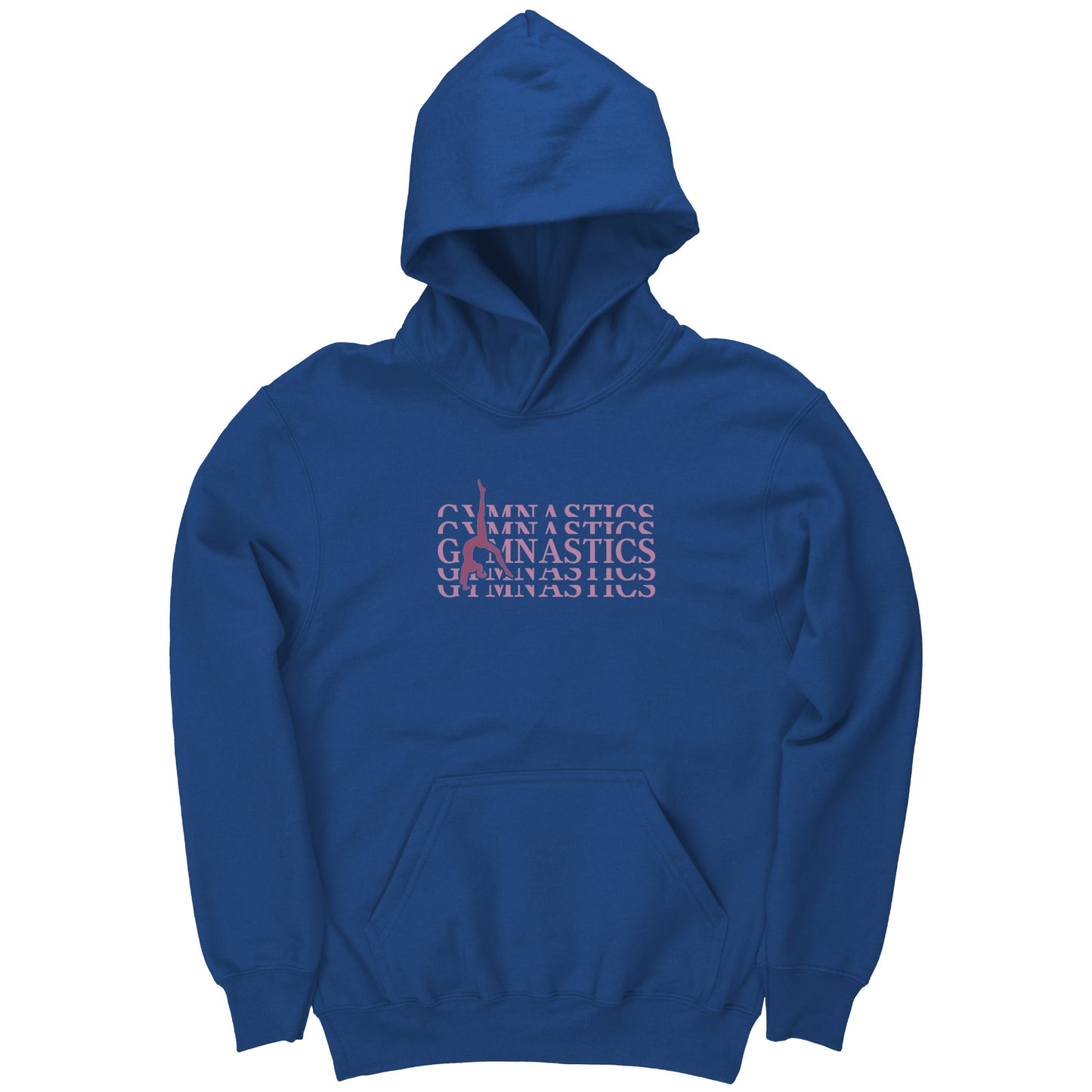 Royal Blue Back Walkover Children's Gymnastics Hoodie. Has a pink design that says Gymnastics with a female gymnast doing a back walkover on the front.