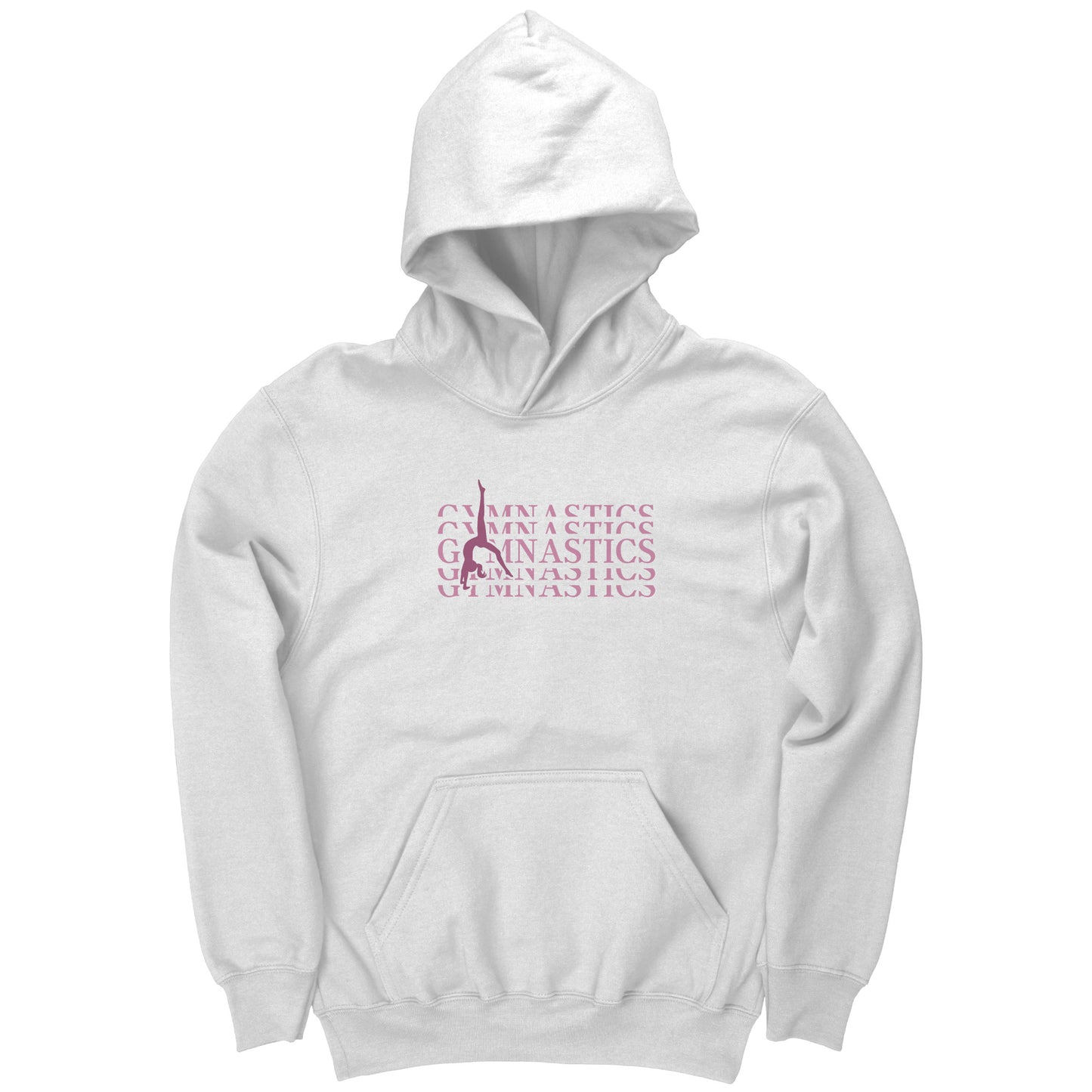 White Back Walkover Children's Gymnastics Hoodie. Has a pink design that says Gymnastics with a female gymnast doing a back walkover on the front.