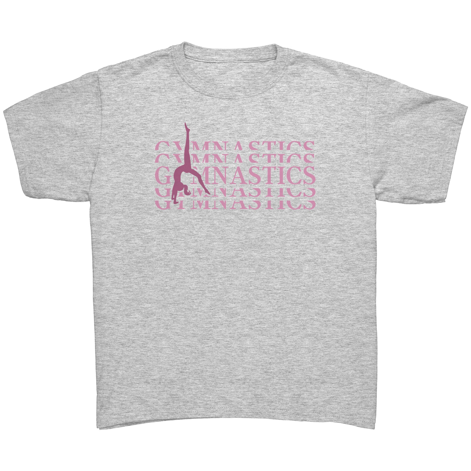 Back Walkover kids gymnastics t-shirt. Has a pink design that says Gymnastics with a female gymnast doing a back walkover on the front.