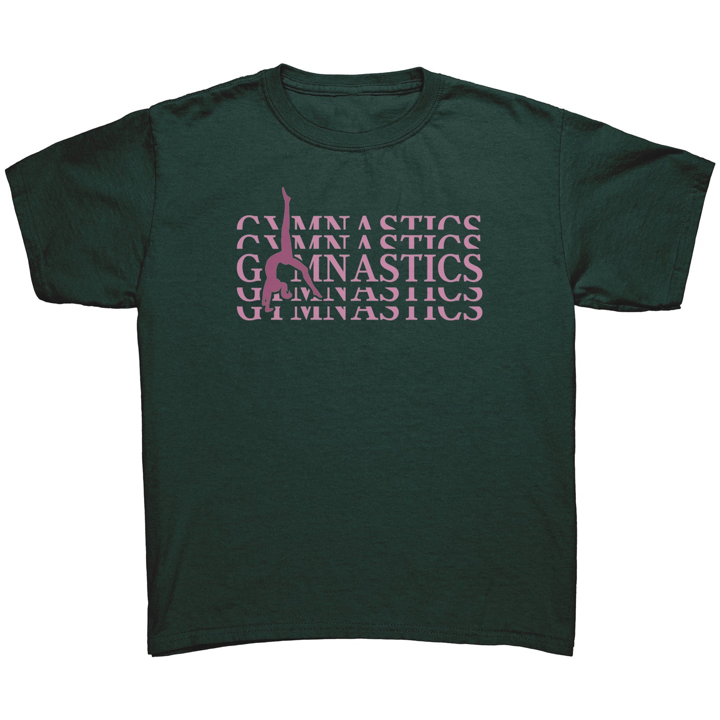 Dark Green Back Walkover kids gymnastics t-shirt. Has a pink design that says Gymnastics with a female gymnast doing a back walkover on the front.