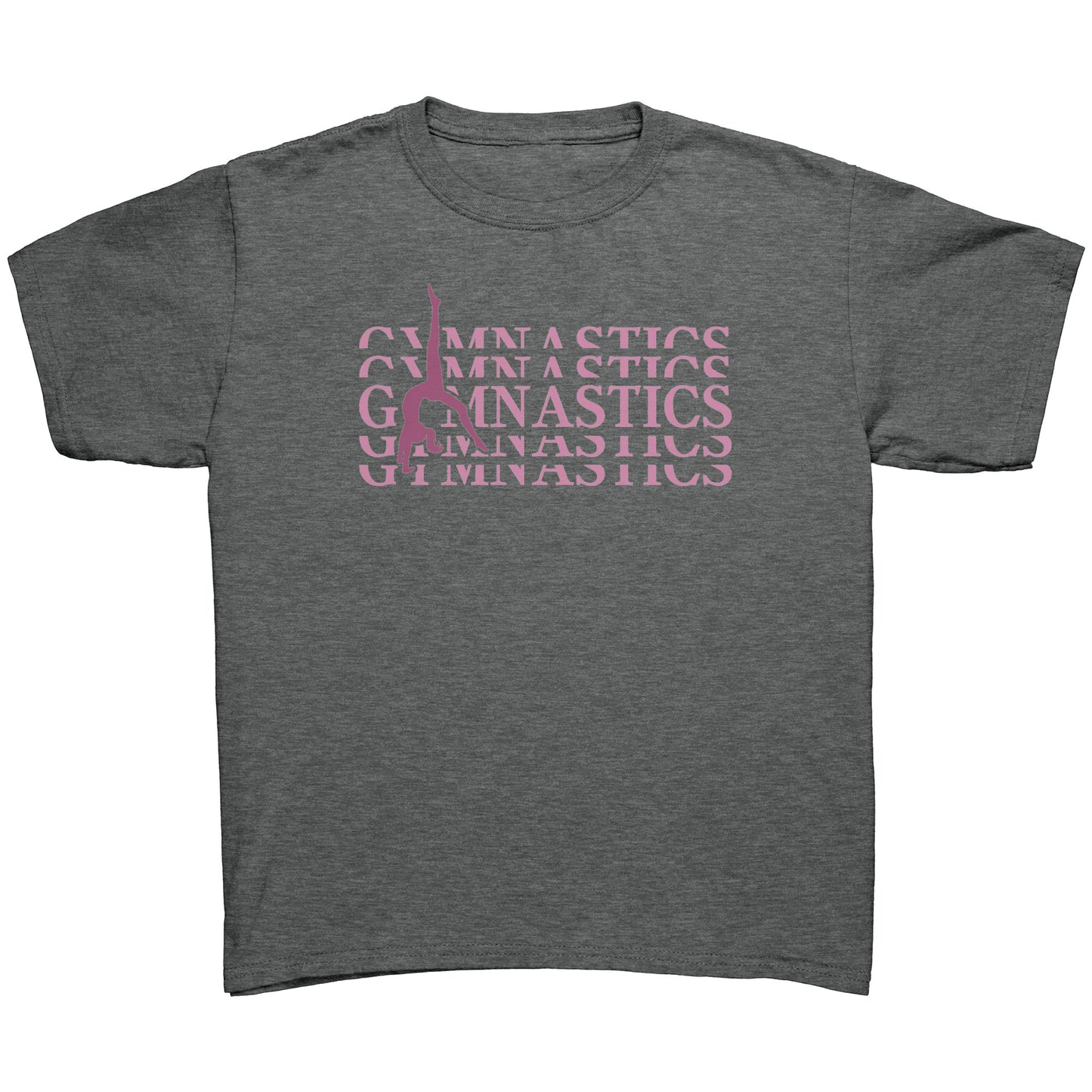 Grey Back Walkover kids gymnastics t-shirt. Has a pink design that says Gymnastics with a female gymnast doing a back walkover on the front.