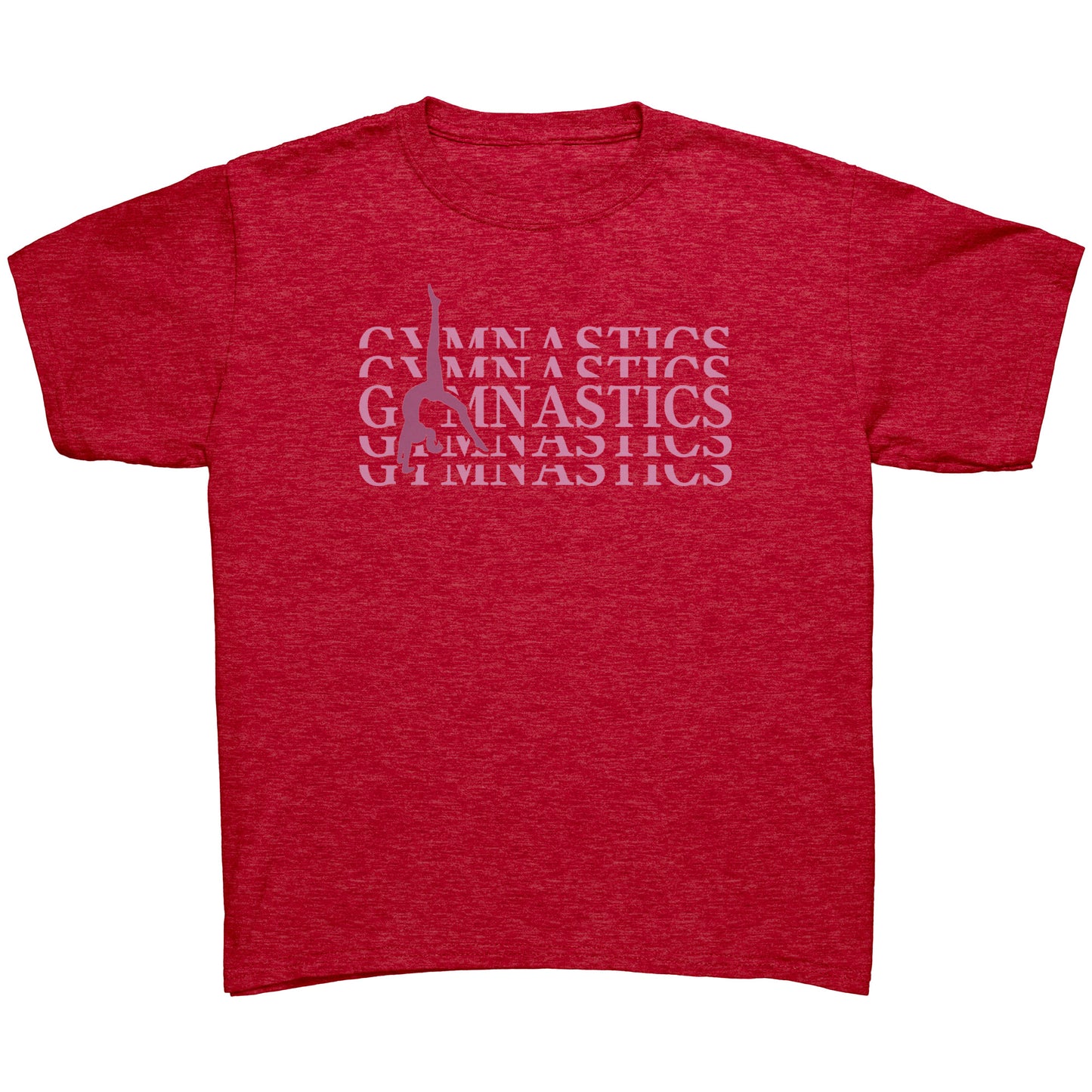 Red Back Walkover kids gymnastics t-shirt. Has a pink design that says Gymnastics with a female gymnast doing a back walkover on the front.