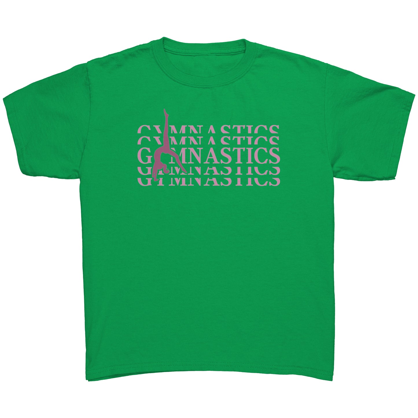Kelly Green Back Walkover kids gymnastics t-shirt. Has a pink design that says Gymnastics with a female gymnast doing a back walkover on the front.