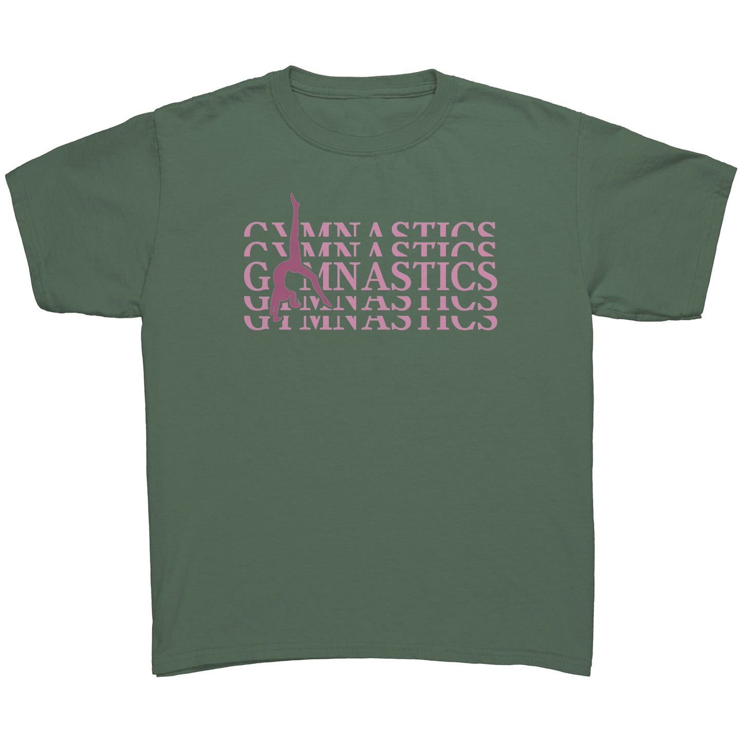 Military Green Back Walkover kids gymnastics t-shirt. Has a pink design that says Gymnastics with a female gymnast doing a back walkover on the front.