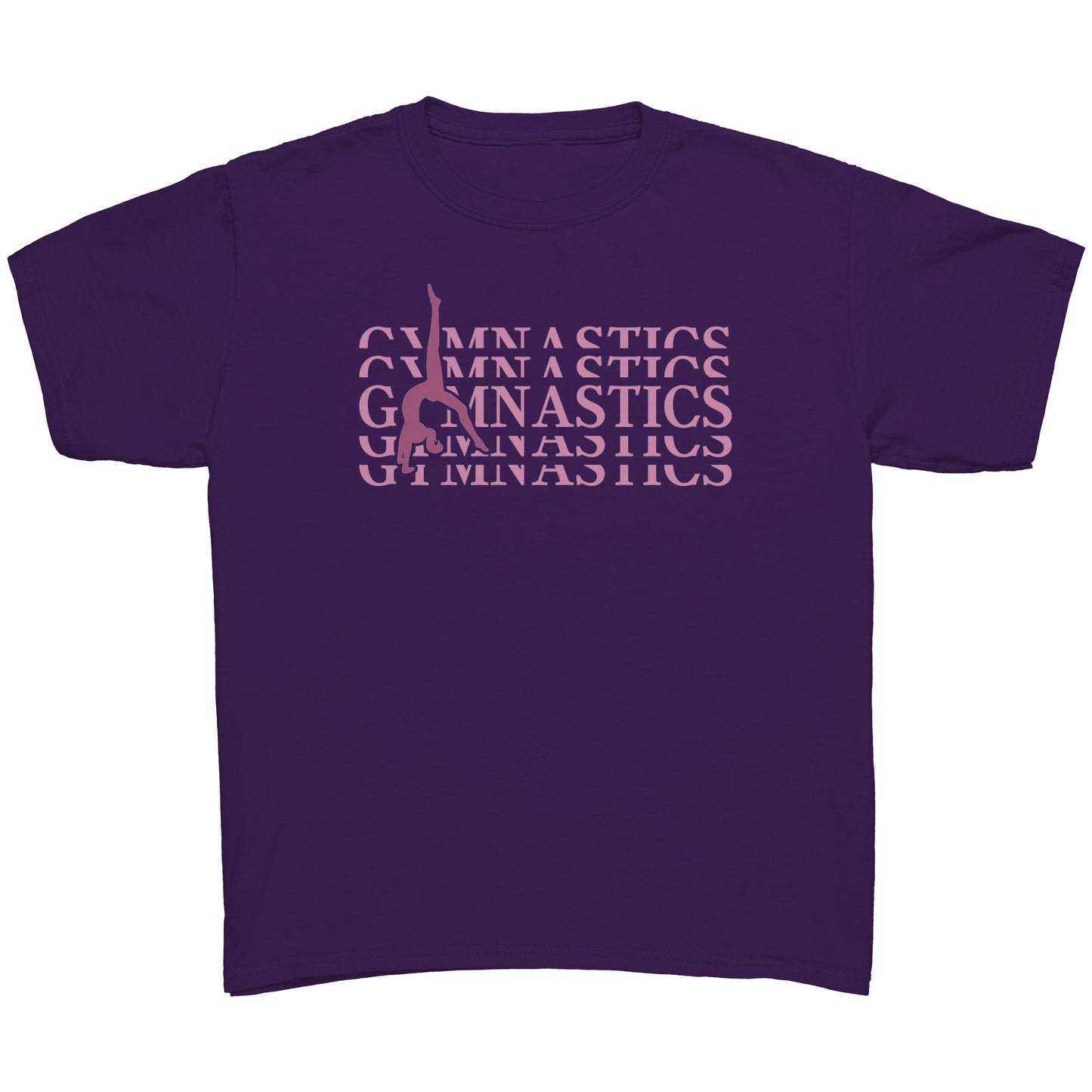 Purple Back Walkover kids gymnastics t-shirt. Has a pink design that says Gymnastics with a female gymnast doing a back walkover on the front.