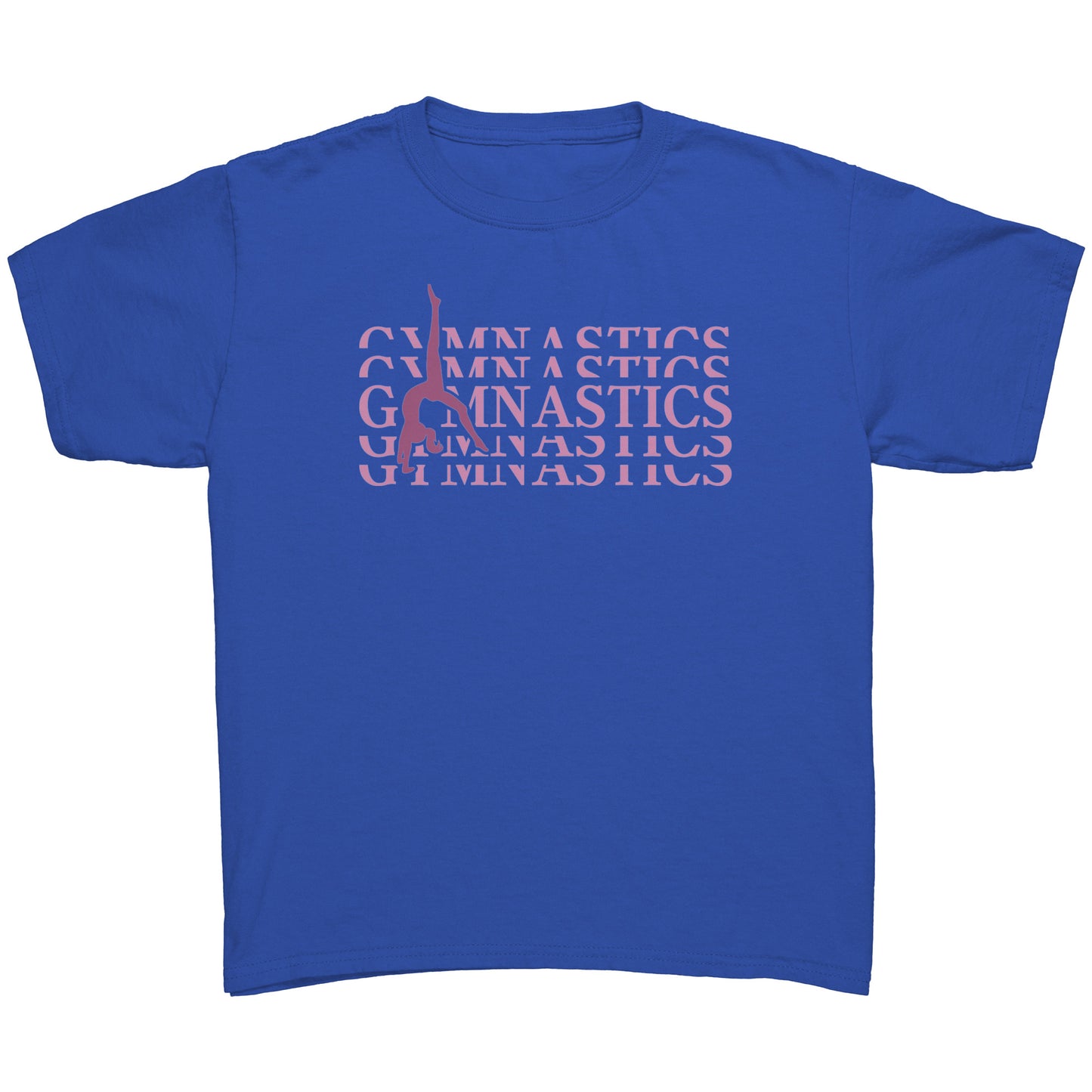 Royal Blue Back Walkover kids gymnastics t-shirt. Has a pink design that says Gymnastics with a female gymnast doing a back walkover on the front.