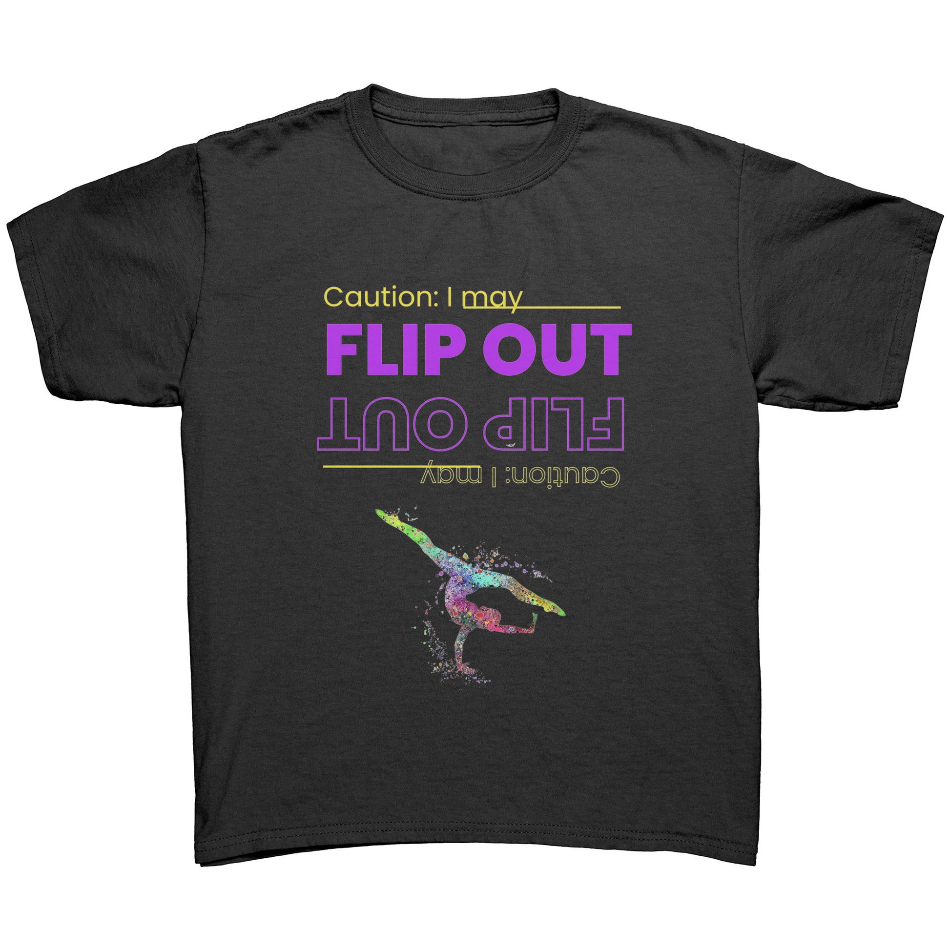 This black colored children&#39;s t-shirt says "Caution: I May Flip Out" in text that is positioned both upside right and upside down. Accompanying the text is a brightly colored female gymnast confidently flipping through the air.