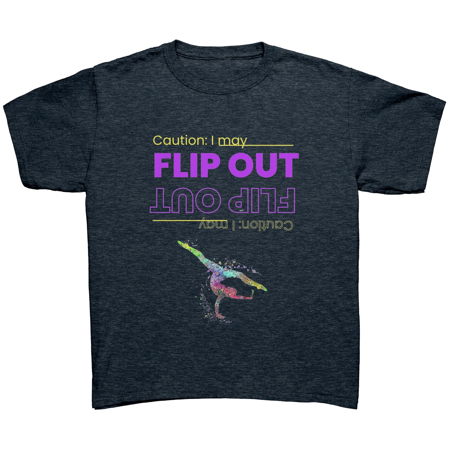 This Heather Navy colored children's t-shirt says "Caution: I May Flip Out" in text that is positioned both upside right and upside down. Accompanying the text is a brightly colored female gymnast confidently flipping through the air.