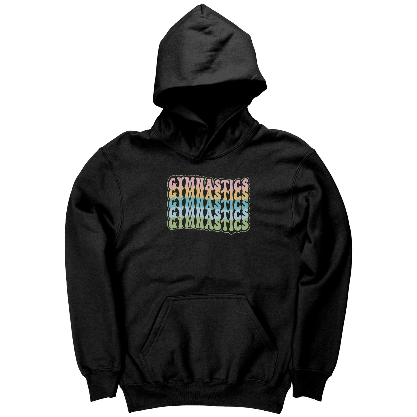 Black colored Children's Gymnastics Bubble Font Hoodie. It says gymnastics five times down the front in a fun bubble font in pink, yellow, teal, blue and green.