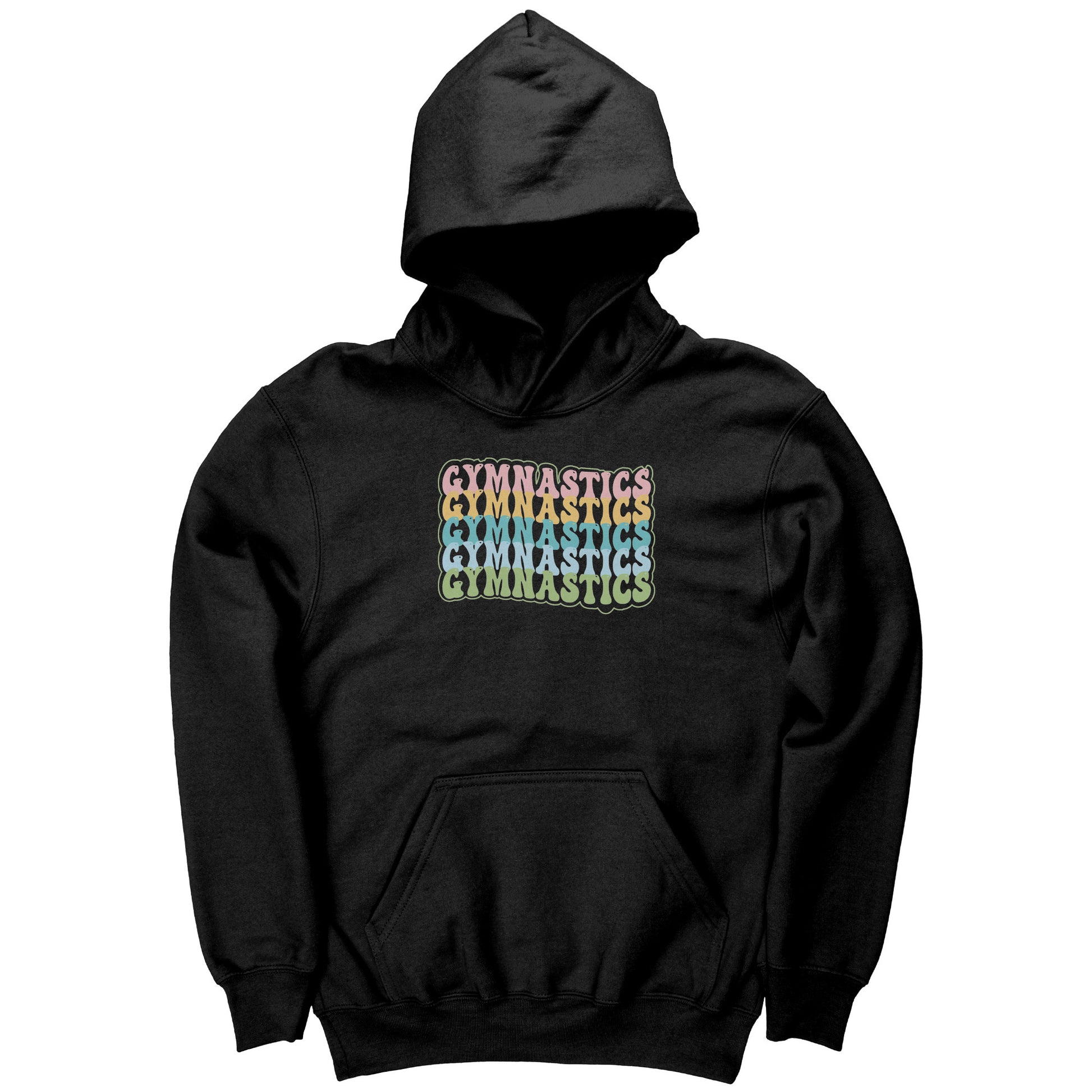 Black colored Children's Gymnastics Bubble Font Hoodie. It says gymnastics five times down the front in a fun bubble font in pink, yellow, teal, blue and green.