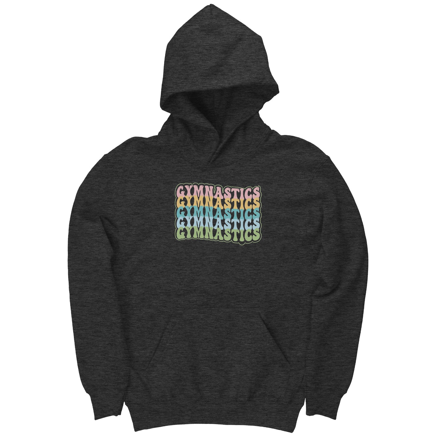 Charcoal colored Children's Gymnastics Bubble Font Hoodie. It says gymnastics five times down the front in a fun bubble font in pink, yellow, teal, blue and green.