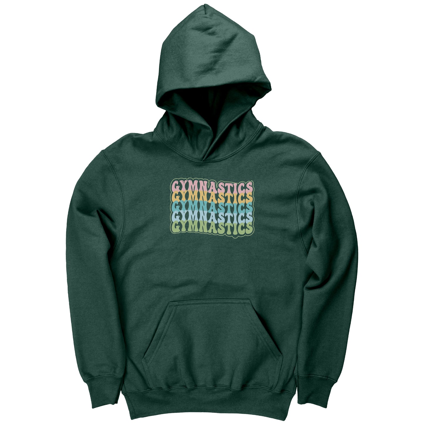 Forest colored Children's Gymnastics Bubble Font Hoodie. It says gymnastics five times down the front in a fun bubble font in pink, yellow, teal, blue and green.