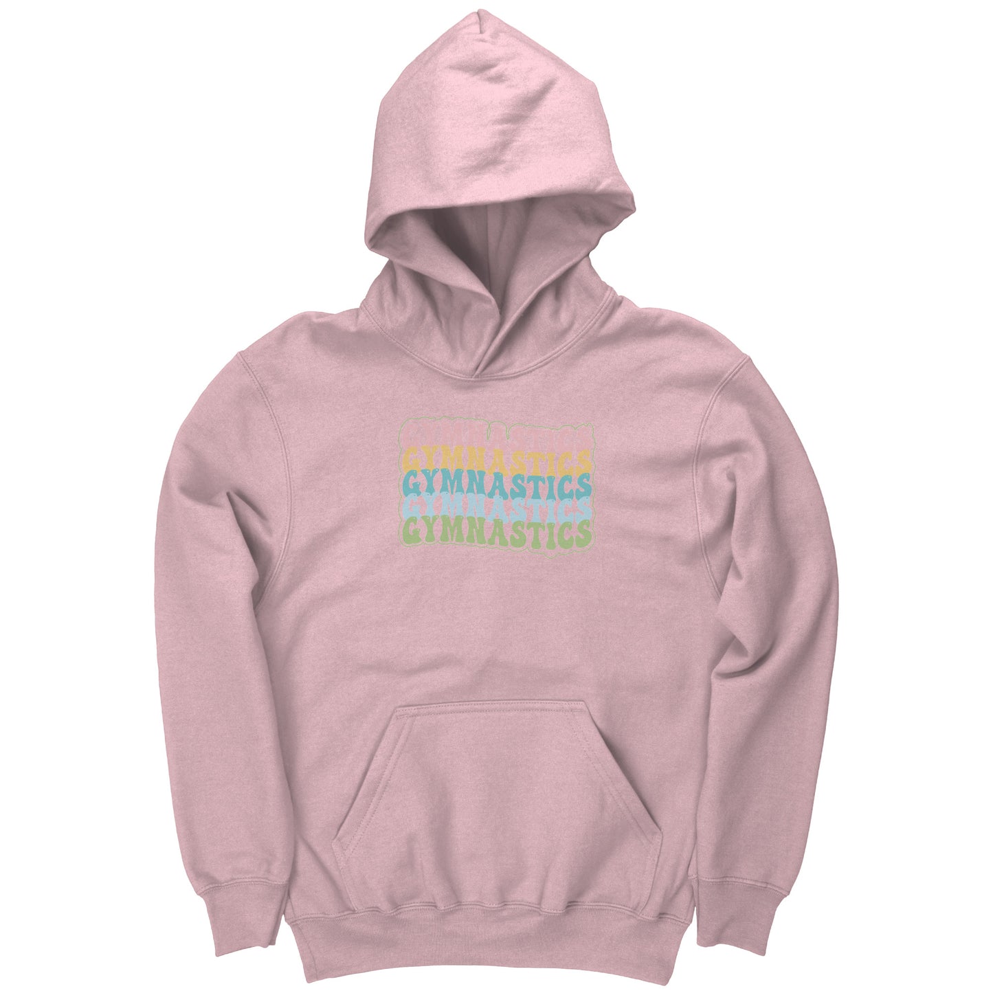 Light Pink colored Children's Gymnastics Bubble Font Hoodie. It says gymnastics five times down the front in a fun bubble font in pink, yellow, teal, blue and green.