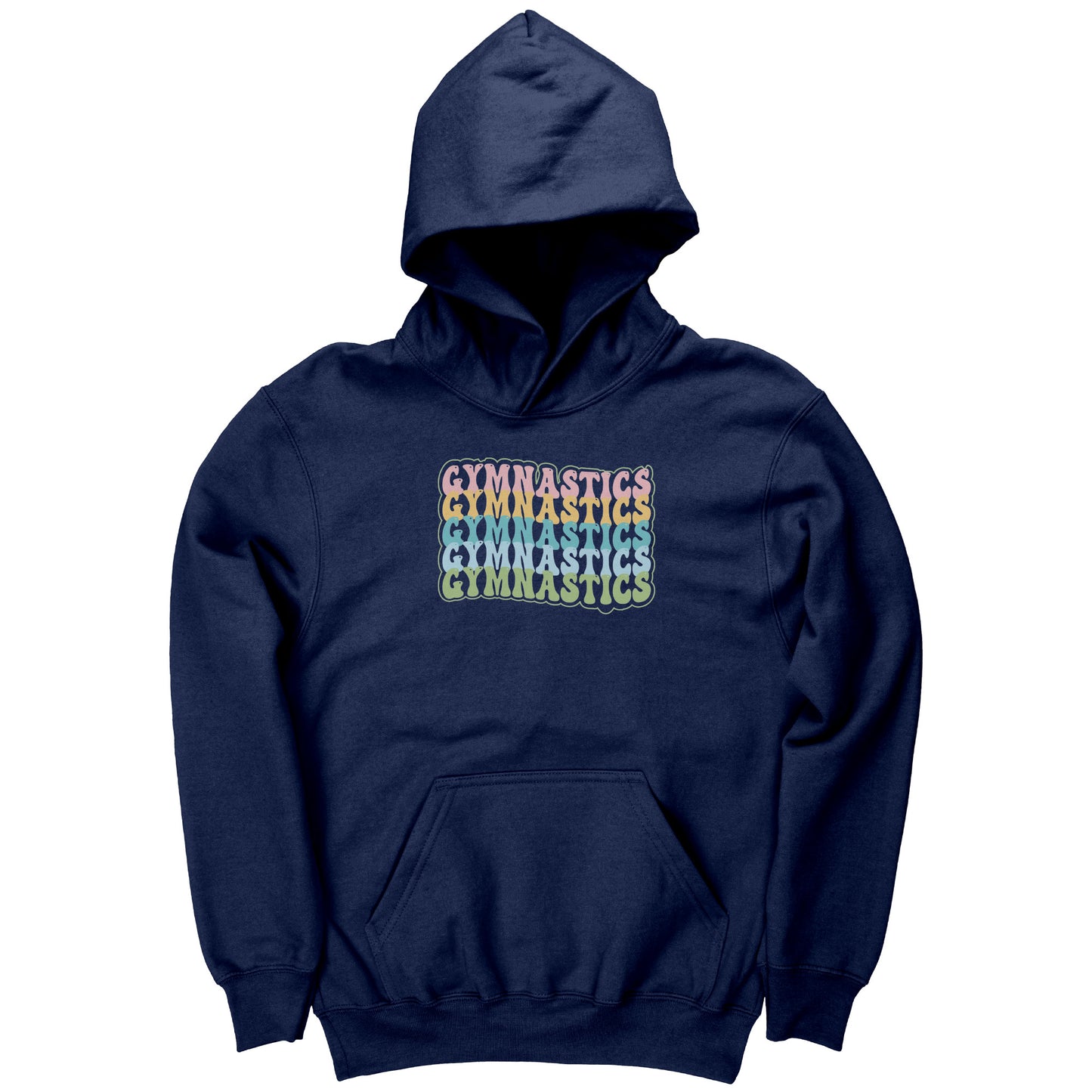 Navy colored Children's Gymnastics Bubble Font Hoodie. It says gymnastics five times down the front in a fun bubble font in pink, yellow, teal, blue and green.