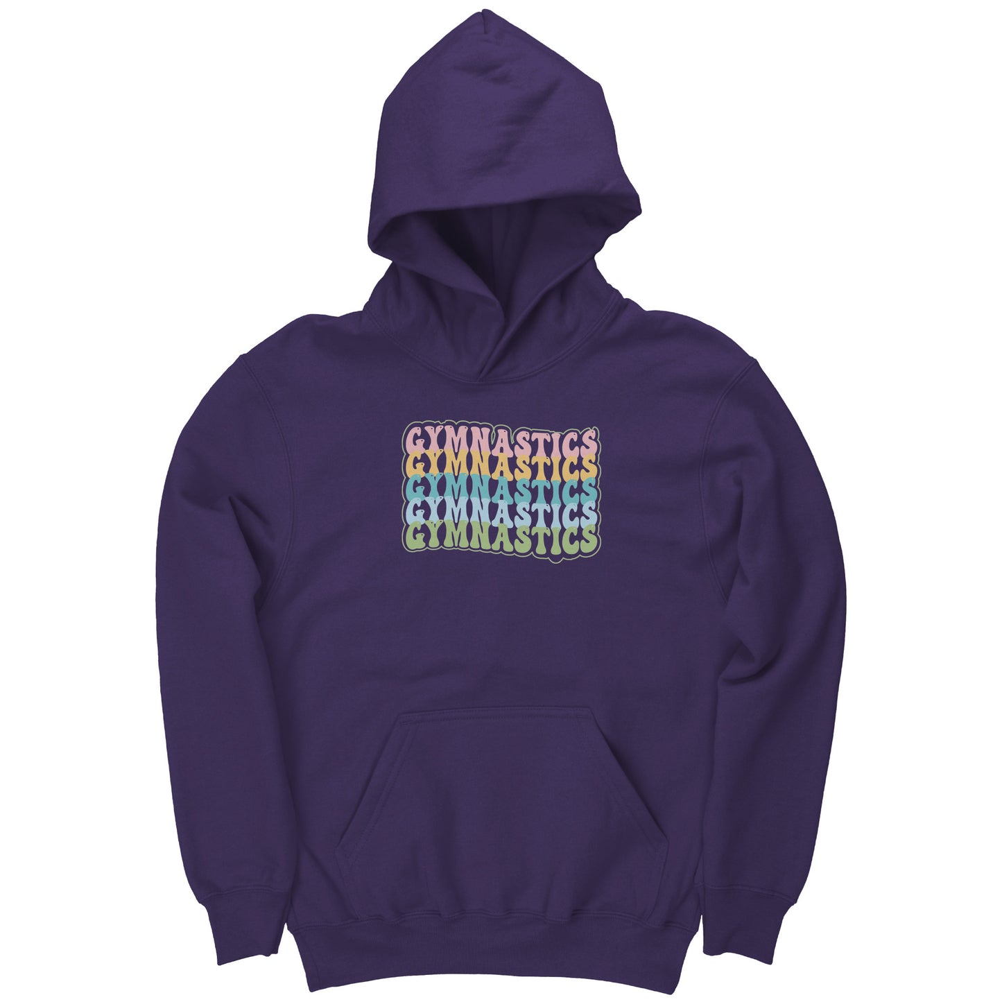 Purple colored Children's Gymnastics Bubble Font Hoodie. It says gymnastics five times down the front in a fun bubble font in pink, yellow, teal, blue and green.