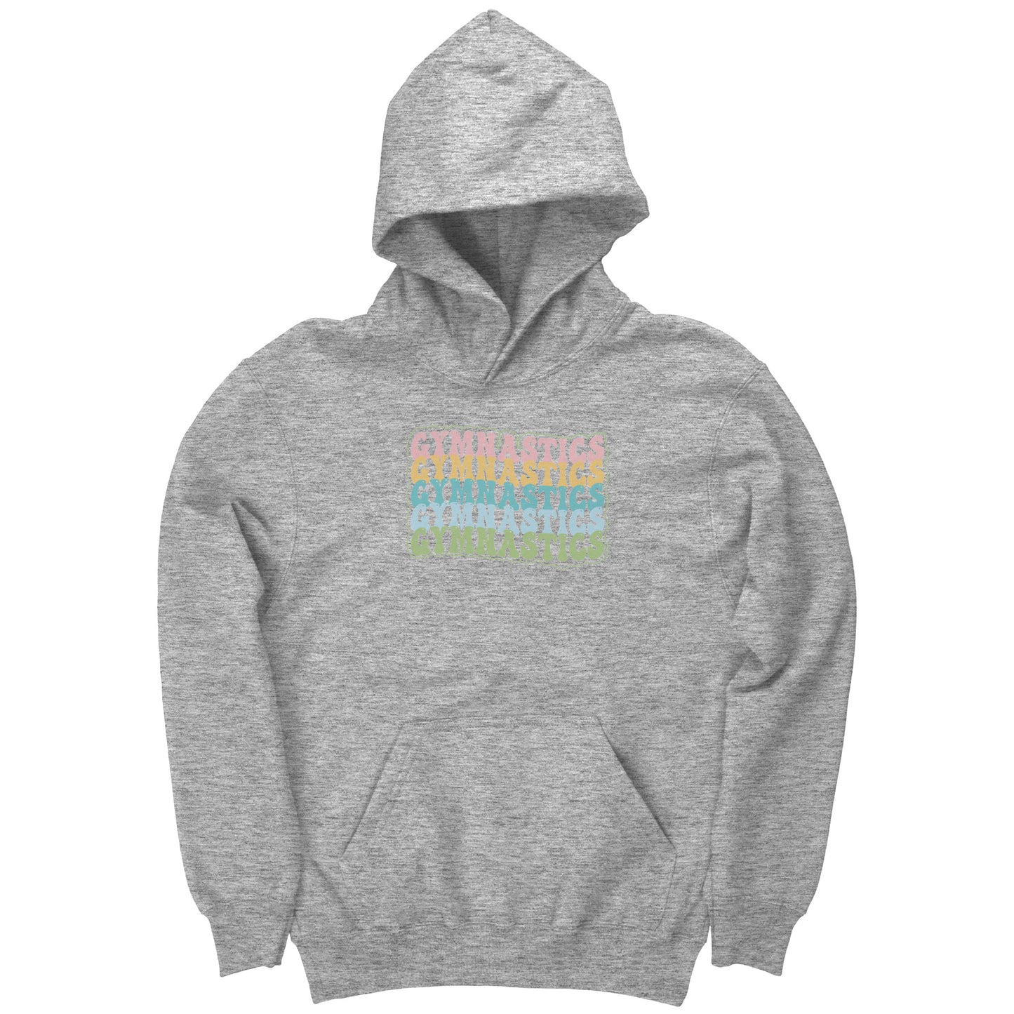 Sport Grey colored Children's Gymnastics Bubble Font Hoodie. It says gymnastics five times down the front in a fun bubble font in pink, yellow, teal, blue and green.