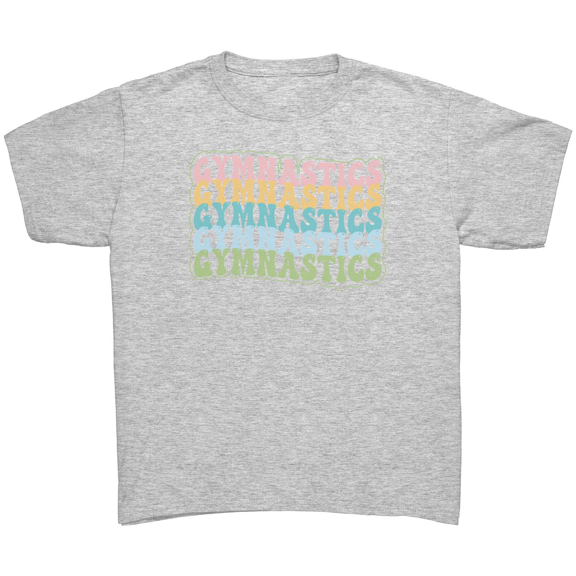 Children's Gymnastics Bubble Font T-shirt in ash grey. It says gymnastics five times down the front in a fun bubble font in pink, yellow, teal, blue and green.