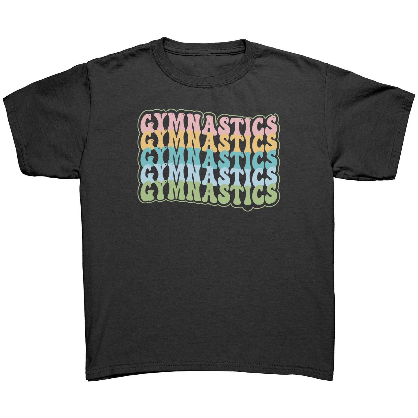 Children's Gymnastics Bubble Font T-shirt in black. It says gymnastics five times down the front in a fun bubble font in pink, yellow, teal, blue and green.