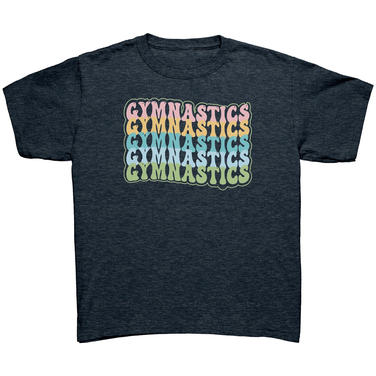 Children's Gymnastics Bubble Font T-shirt in heather navy. It says gymnastics five times down the front in a fun bubble font in pink, yellow, teal, blue and green.