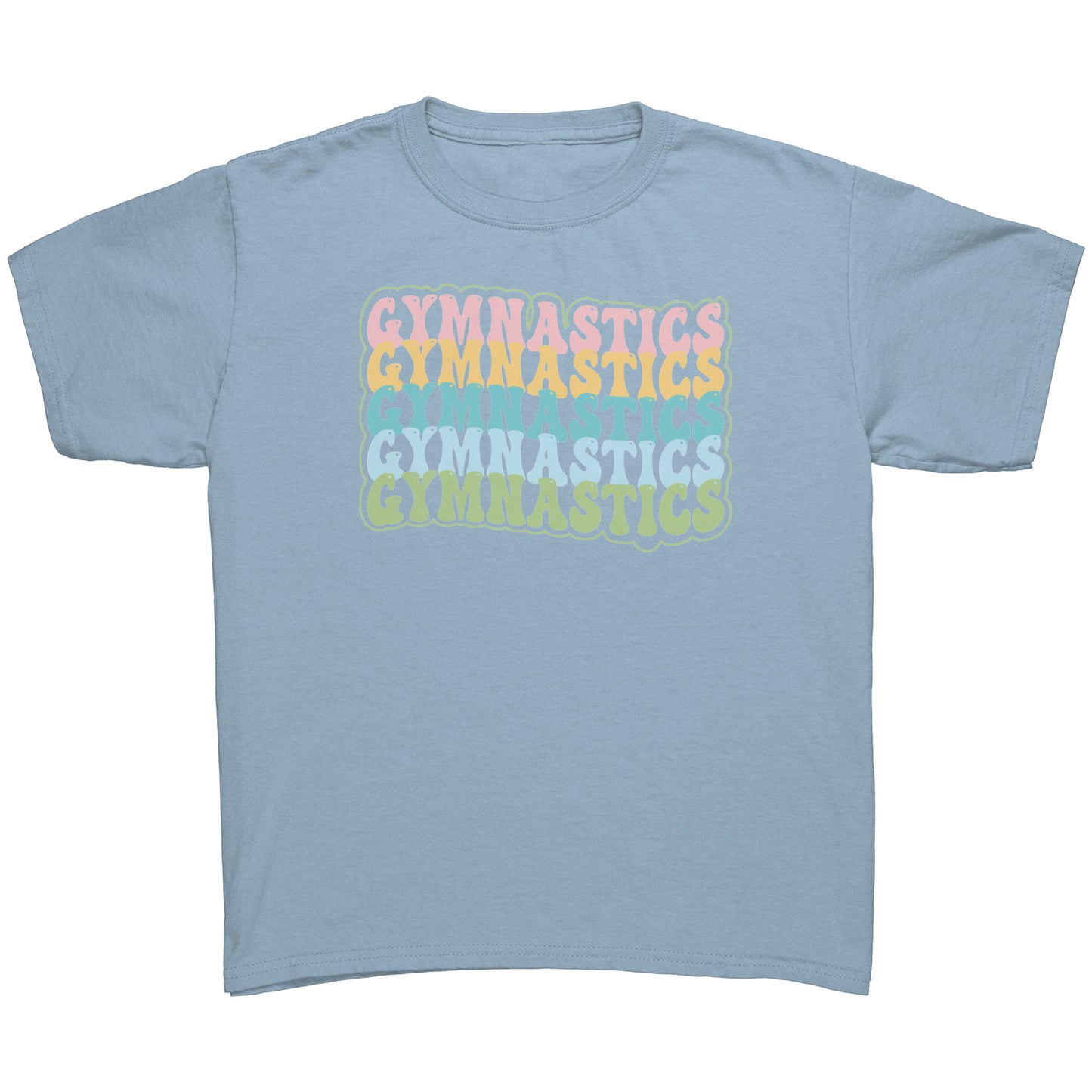 Children's Gymnastics Bubble Font T-shirt in light blue. It says gymnastics five times down the front in a fun bubble font in pink, yellow, teal, blue and green.