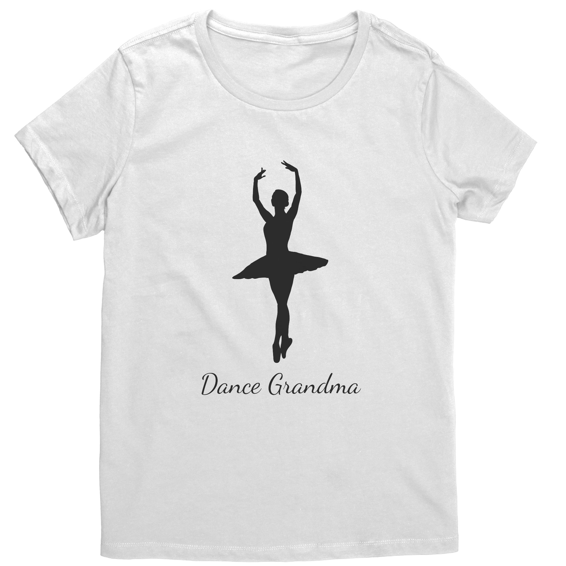 White Dance Grandma T-Shirt, features a beautiful image of a ballerina on the front above the words "Dance Grandma"