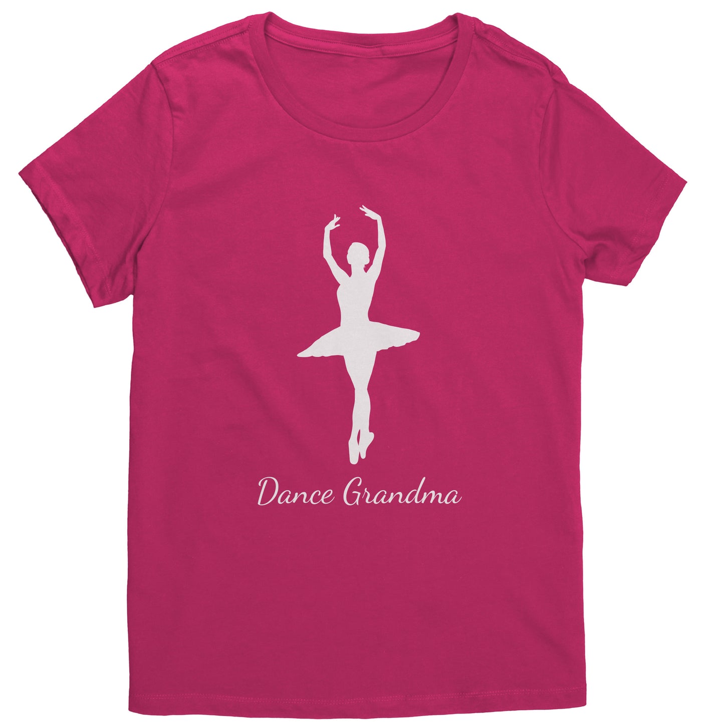 Dark Fuchsia Colored Dance Grandma T-Shirt, features a beautiful white colored image of a ballerina on the front above the words " Dance Grandma" in white script.