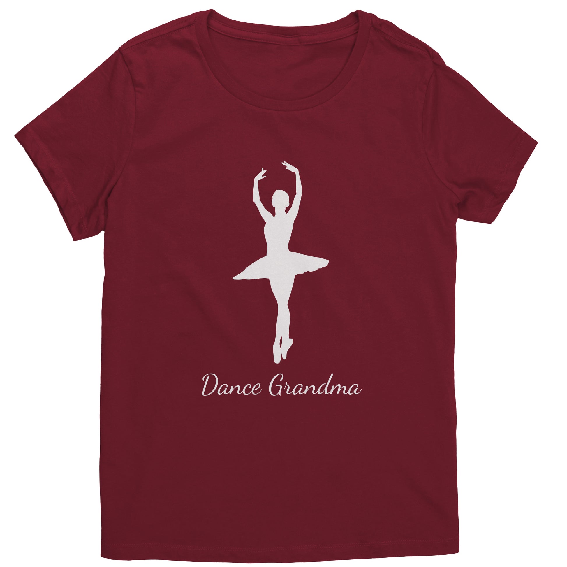 Sangria Colored Dance Grandma T-Shirt, features a beautiful white colored image of a ballerina on the front above the words " Dance Grandma" in white script. 