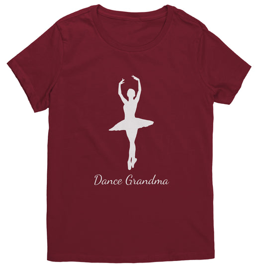 Sangria Colored Dance Grandma T-Shirt, features a beautiful white colored image of a ballerina on the front above the words " Dance Grandma" in white script. 