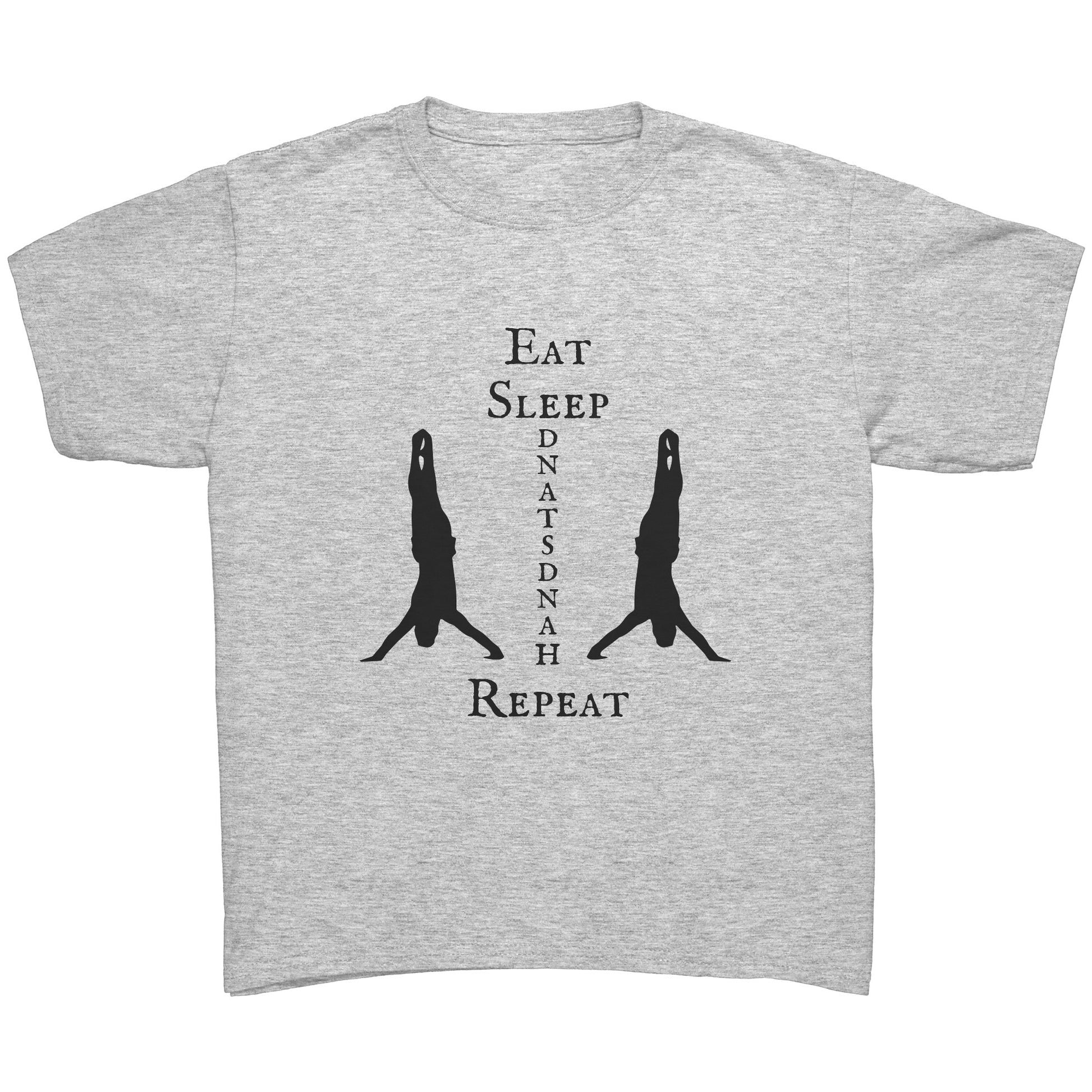 Eat, Sleep, Handstand Repeat Children's Gymnastics T-shirt in ash grey. This t-shirt says Eat Sleep Handstand Repeat and features two gymnastics in handstands on the front.