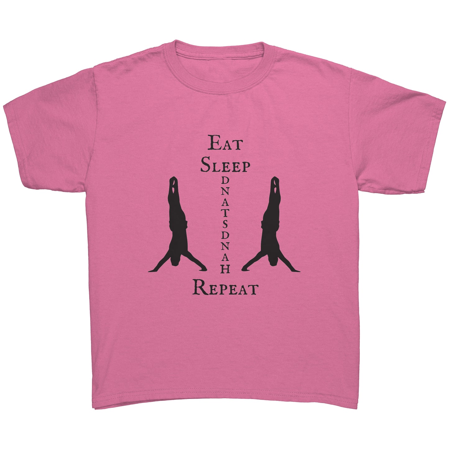Eat, Sleep, Handstand Repeat Children's Gymnastics T-shirt in azalea. This t-shirt says Eat Sleep Handstand Repeat and features two gymnastics in handstands on the front.