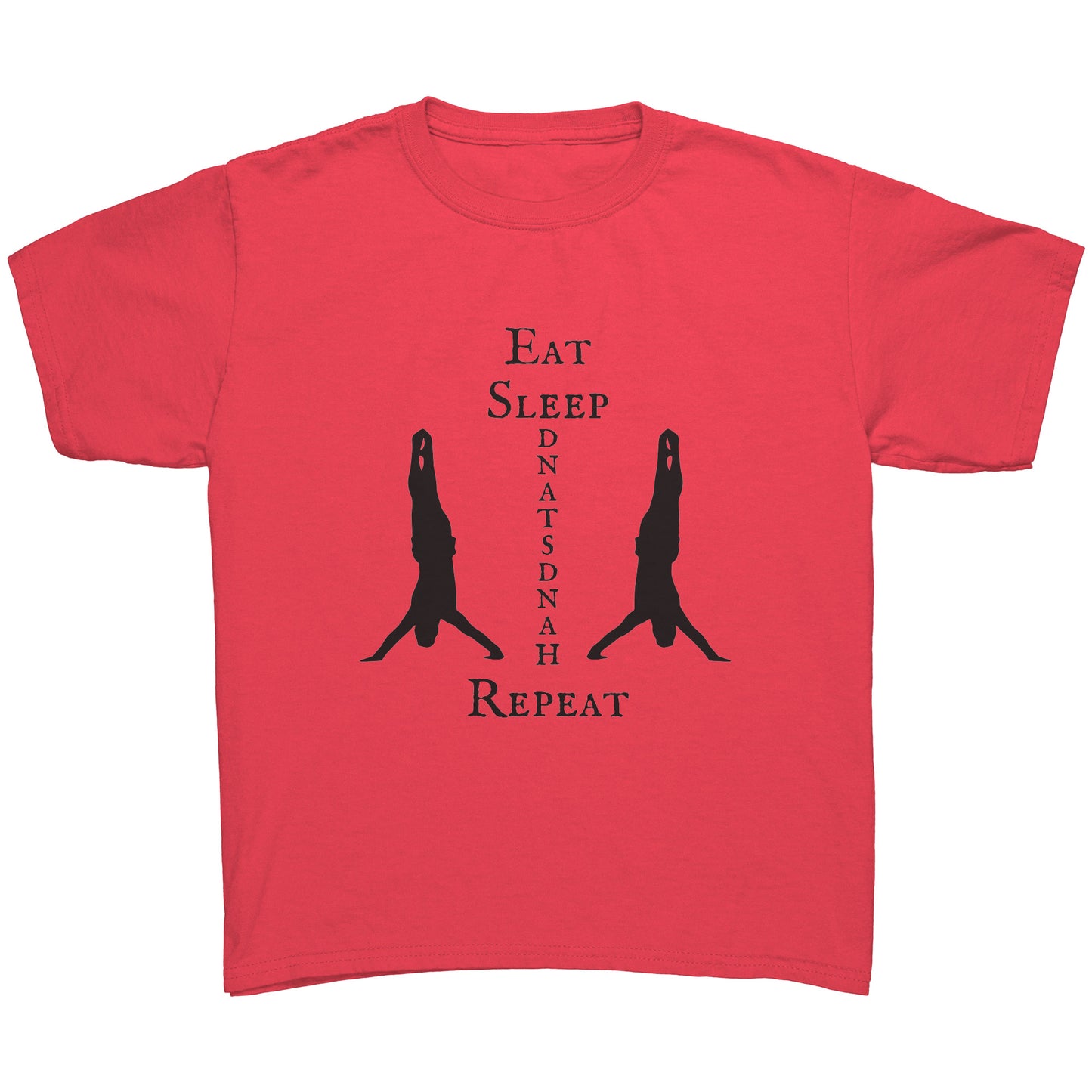 Eat, Sleep, Handstand Repeat Children's Gymnastics T-shirt in Coral Silk. This t-shirt says Eat Sleep Handstand Repeat and features two gymnastics in handstands on the front.