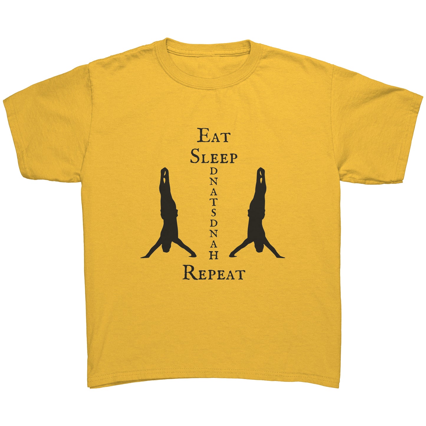 Eat, Sleep, Handstand Repeat Children's Gymnastics T-shirt in Gold. This t-shirt says Eat Sleep Handstand Repeat and features two gymnastics in handstands on the front.