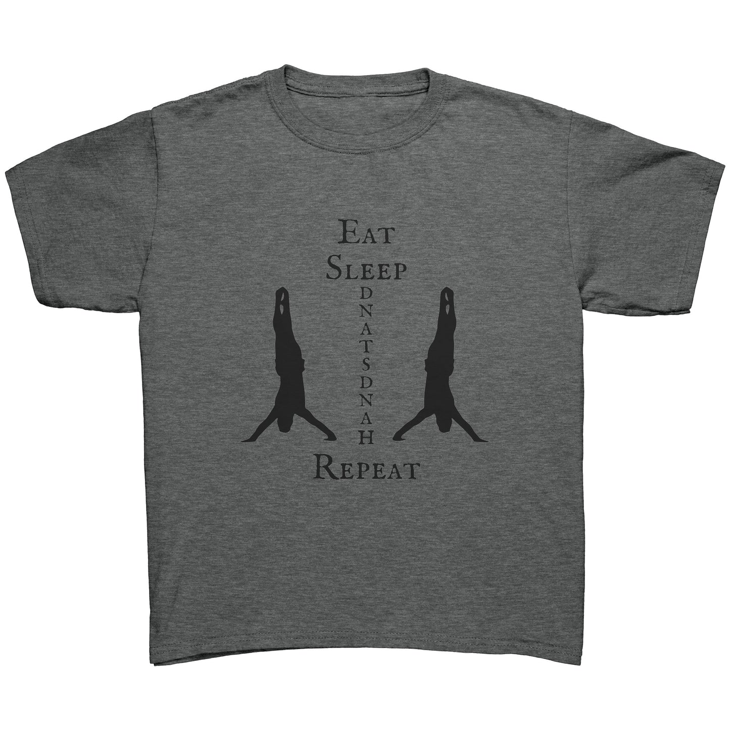 Eat, Sleep, Handstand Repeat Children's Gymnastics T-shirt in charcoal grey. This t-shirt says Eat Sleep Handstand Repeat and features two gymnastics in handstands on the front.