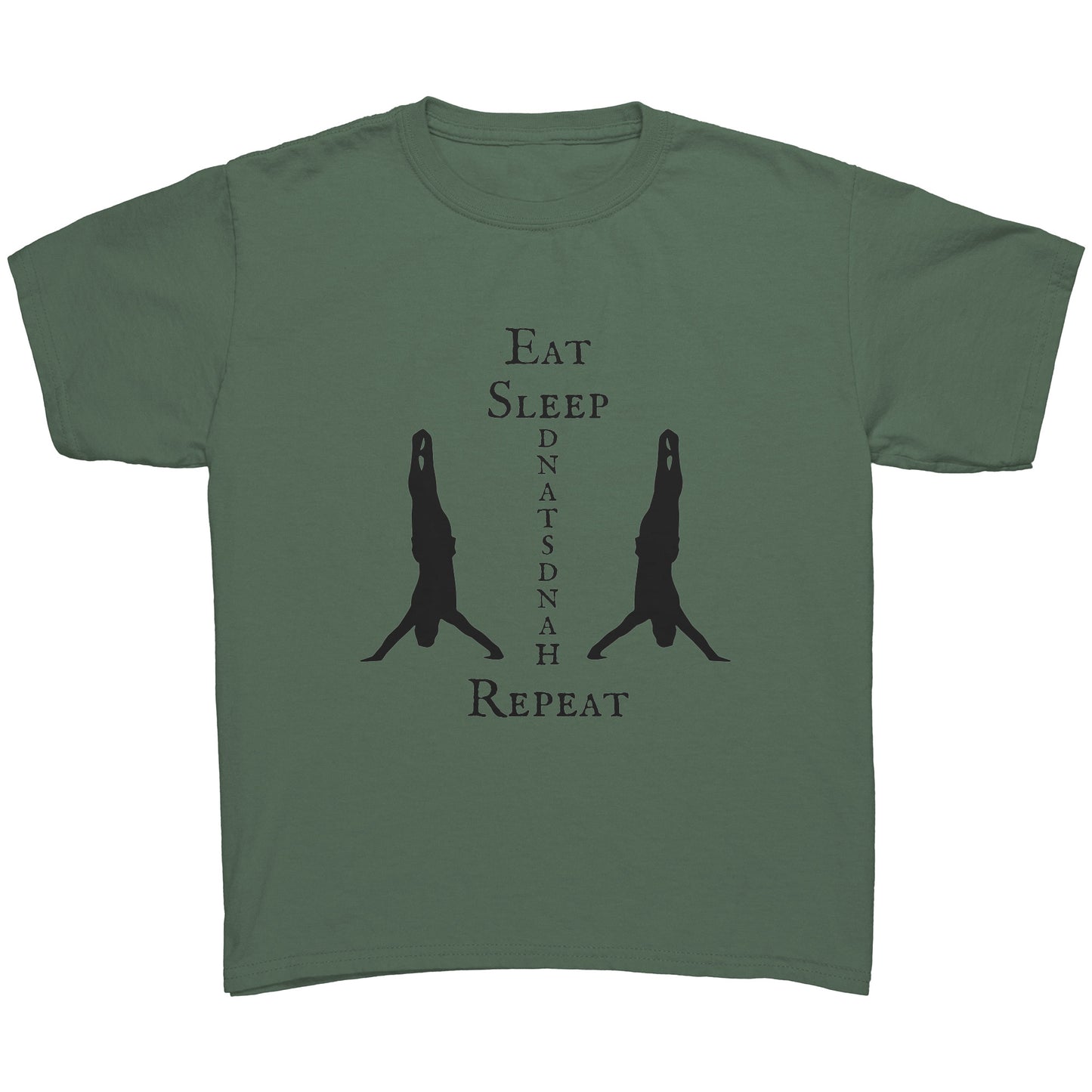 Eat, Sleep, Handstand Repeat Children's Gymnastics T-shirt in Military Green. This t-shirt says Eat Sleep Handstand Repeat and features two gymnastics in handstands on the front.
