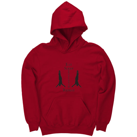 Red colored Eat, Sleep, Handstand Repeat Children's Gymnastics hoodie. This hoodie says Eat Sleep Handstand Repeat and features two gymnastics in handstands on the front.
