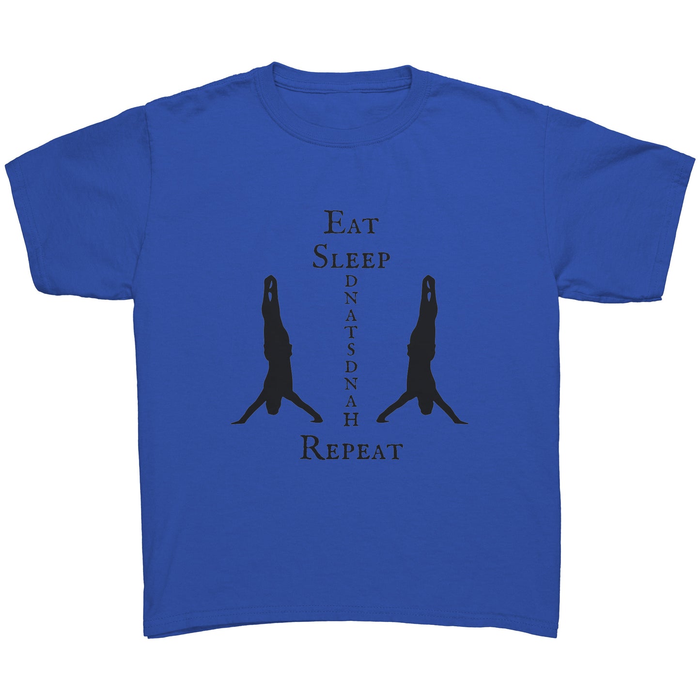 Eat, Sleep, Handstand Repeat Children's Gymnastics T-shirt in royal blue. This t-shirt says Eat Sleep Handstand Repeat and features two gymnastics in handstands on the front.