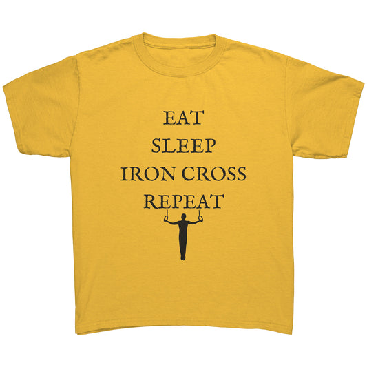 Yellow Eat Sleep Iron Cross Repeat Boy's Gymnastics t-shirt. This t-shirt says Eat, sleep iron cross repeat in a bold black font on the front with a black silhouette image of a male gymnast in an iron cross on the rings.