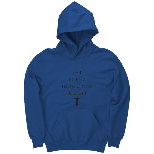 Royal Blue Colored Eat Sleep Iron Cross Repeat Boy's Gymnastics hoodie. This hoodie says Eat, sleep iron cross repeat in a bold black font on the front with a black silhouette image of a male gymnast in an iron cross on the rings.